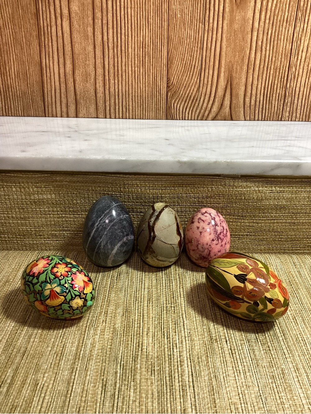 Decorative Assorted Floral Wood and Stone Egg Set - Pink, Green, Gray, Brown
